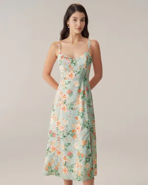 Green Floral Sweetheart Neck Slip Midi Dress