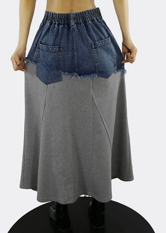 Grey A Line Skirts Denim Patchwork Button