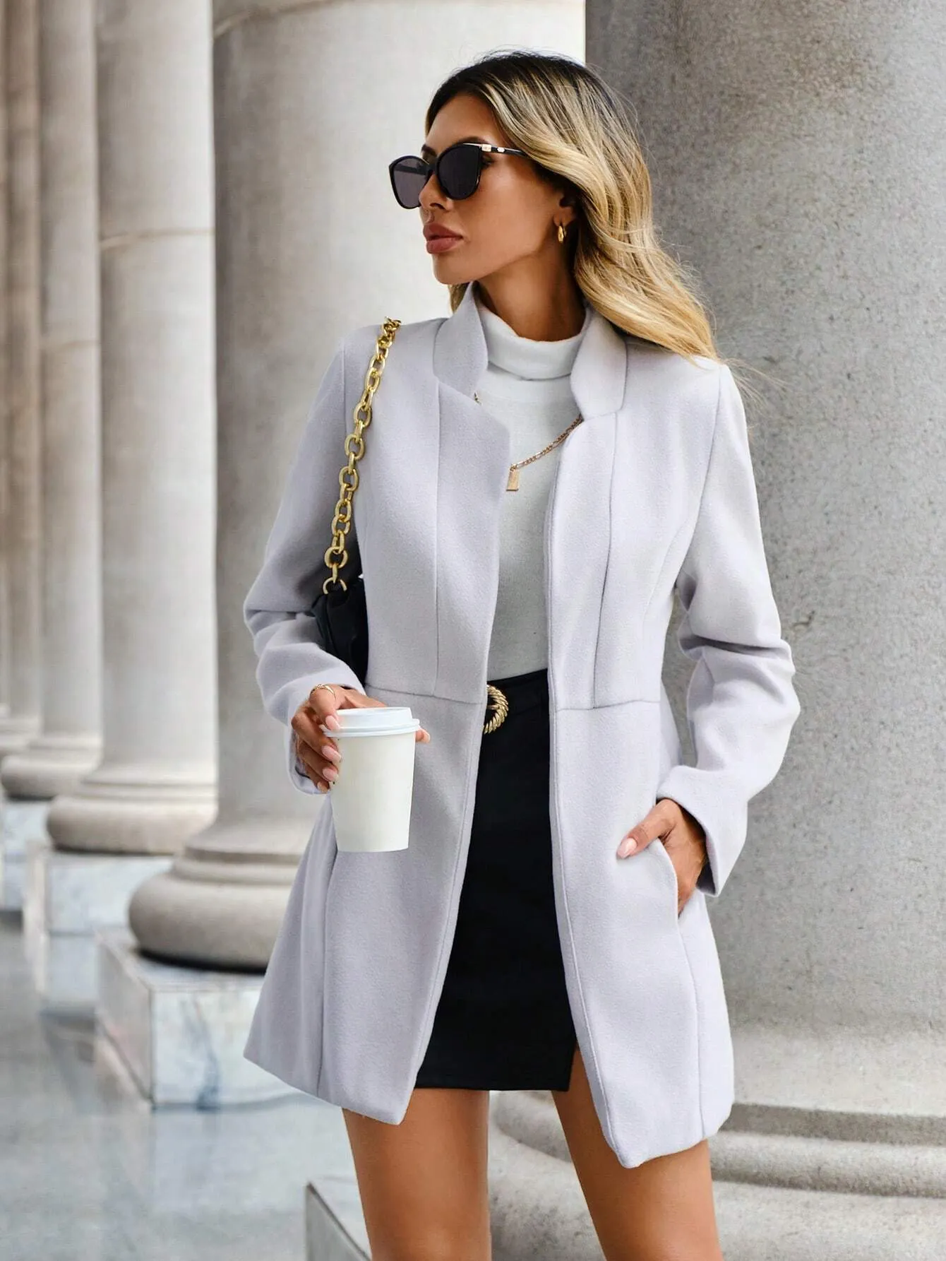 Grey Open Front Overcoat