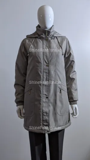 Grey Pattern Detail Hooded Long Coat