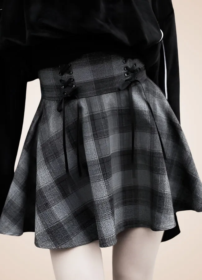 Grey Plaid Steampunk Mini Skirt