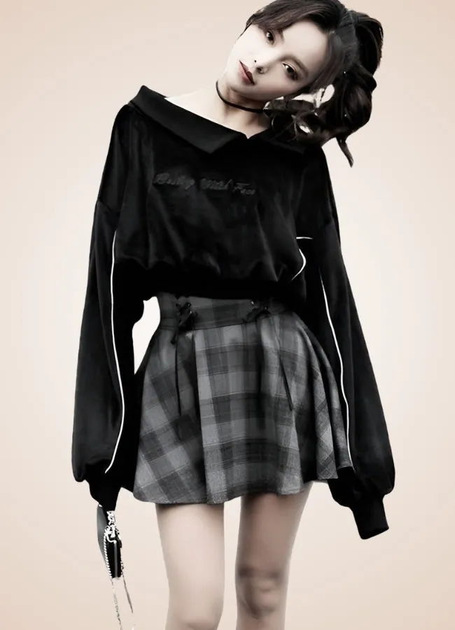 Grey Plaid Steampunk Mini Skirt