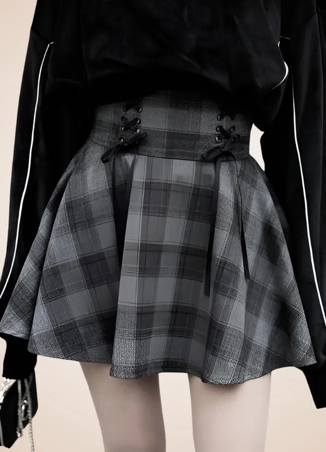 Grey Plaid Steampunk Mini Skirt