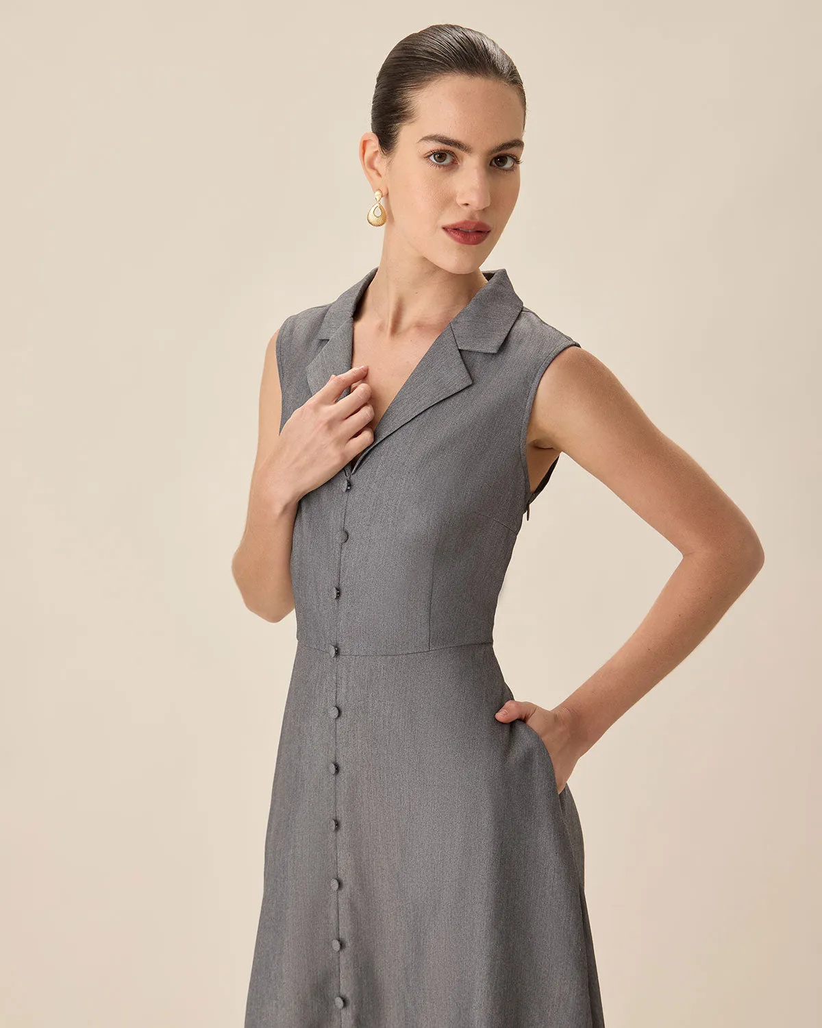 Grey V-Neck Button Midi Dress
