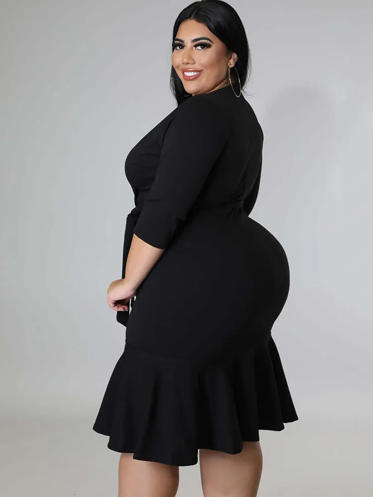 Half Sleeve Lace Up Ruffle Bodycon Midi Dress