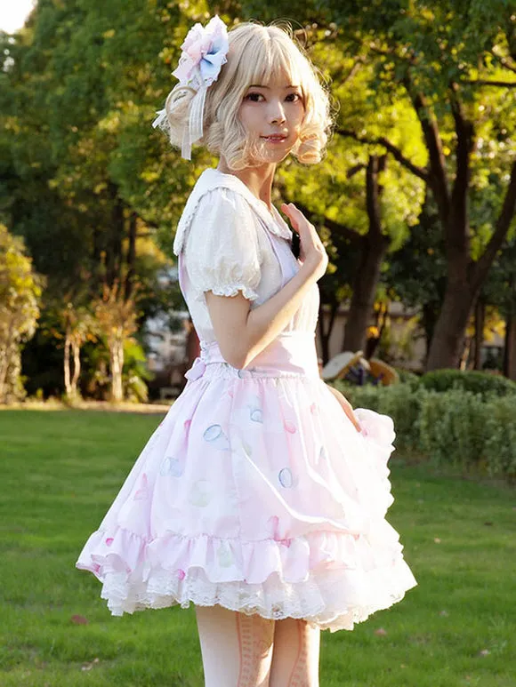 Harajuku Fashion Lolita SK Floral Print Soft Pink Ruffles Lolita Skirts