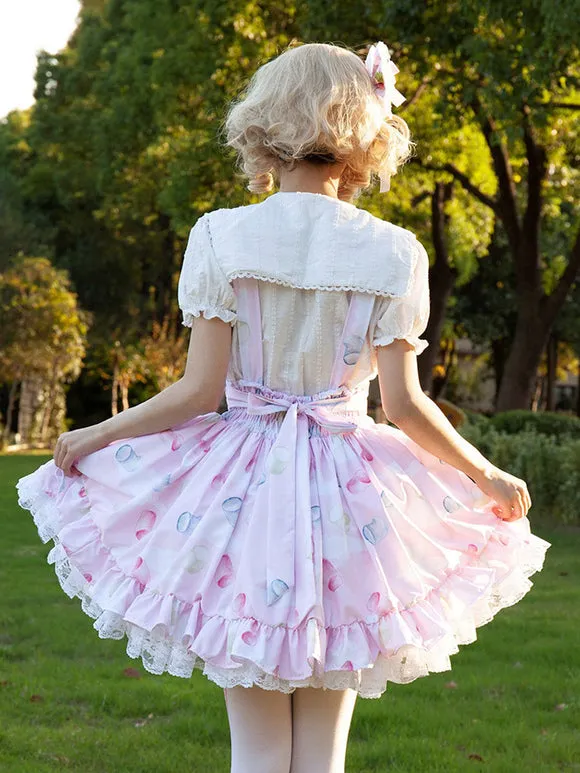 Harajuku Fashion Lolita SK Floral Print Soft Pink Ruffles Lolita Skirts