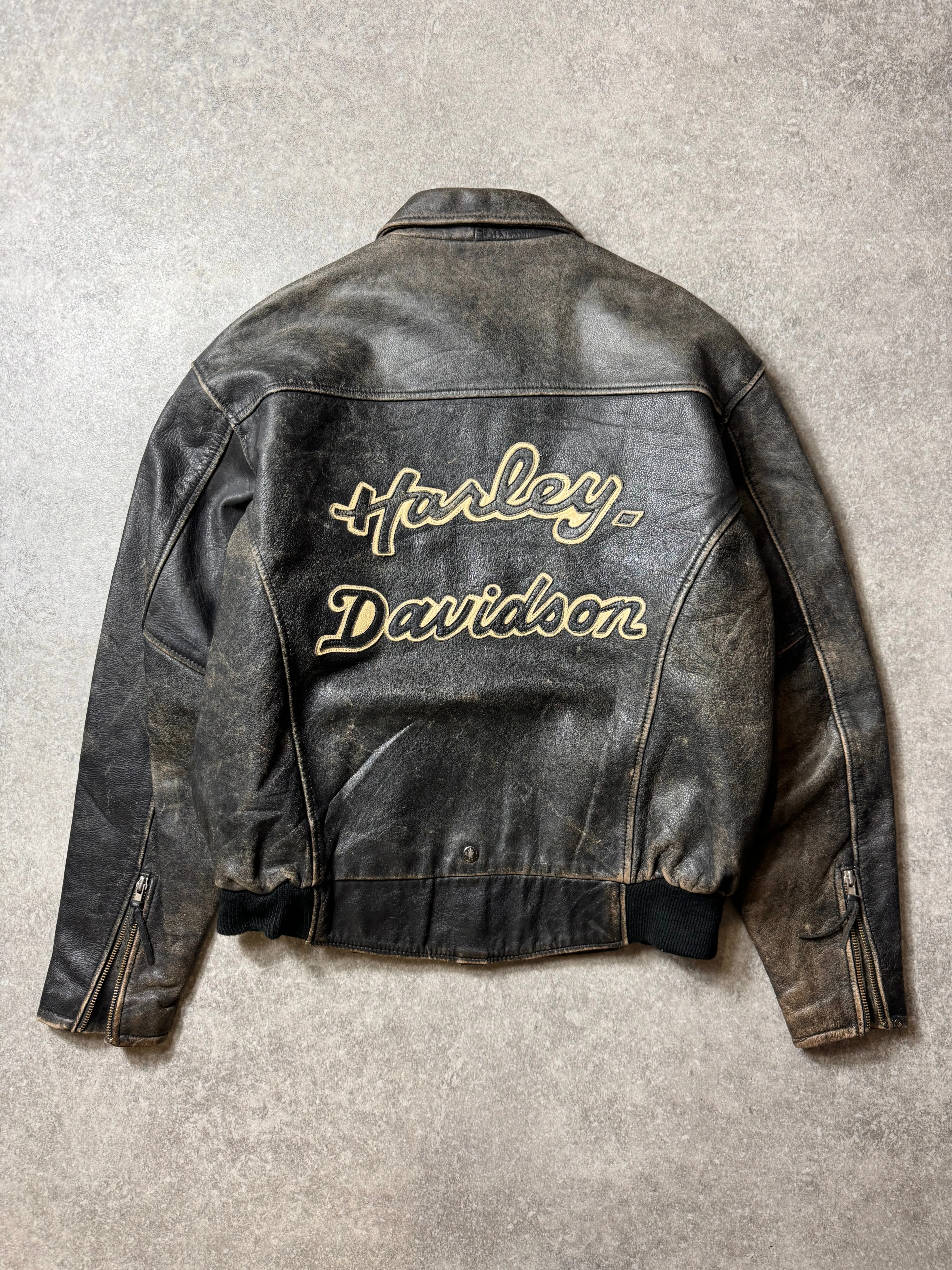 Harley Davidson Logo Embroidered Distressed Effer Leather Jacket