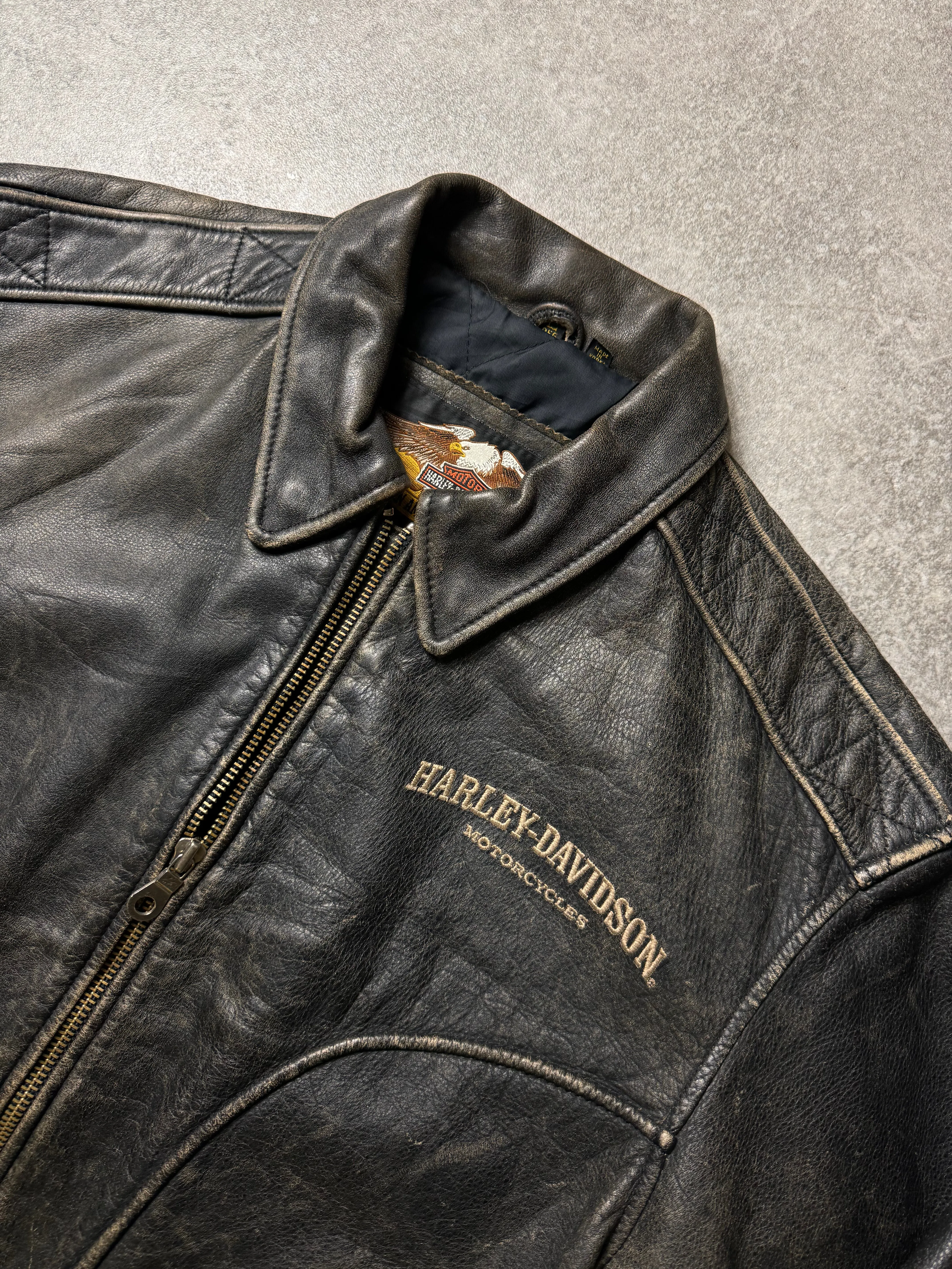 Harley Davidson Logo Embroidered Distressed Effer Leather Jacket