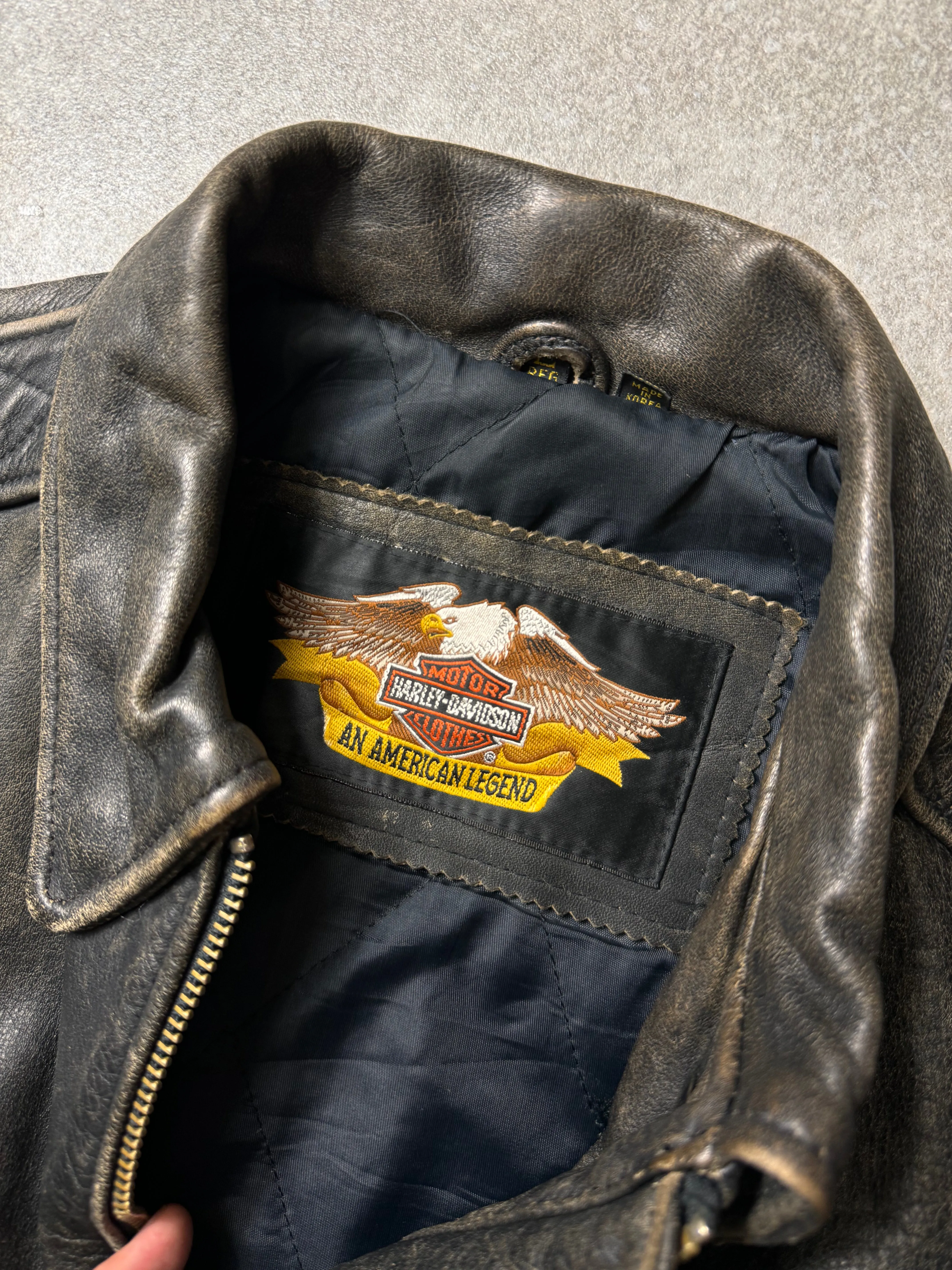 Harley Davidson Logo Embroidered Distressed Effer Leather Jacket