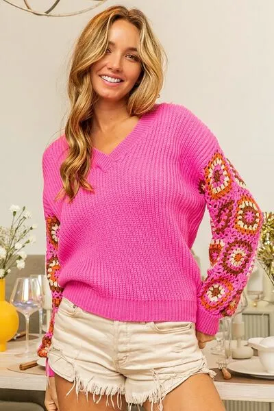 Hazel Blues® |  BiBi V-Neck Crochet Long Sleeve Sweater