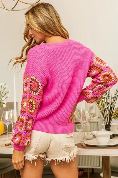Hazel Blues® |  BiBi V-Neck Crochet Long Sleeve Sweater