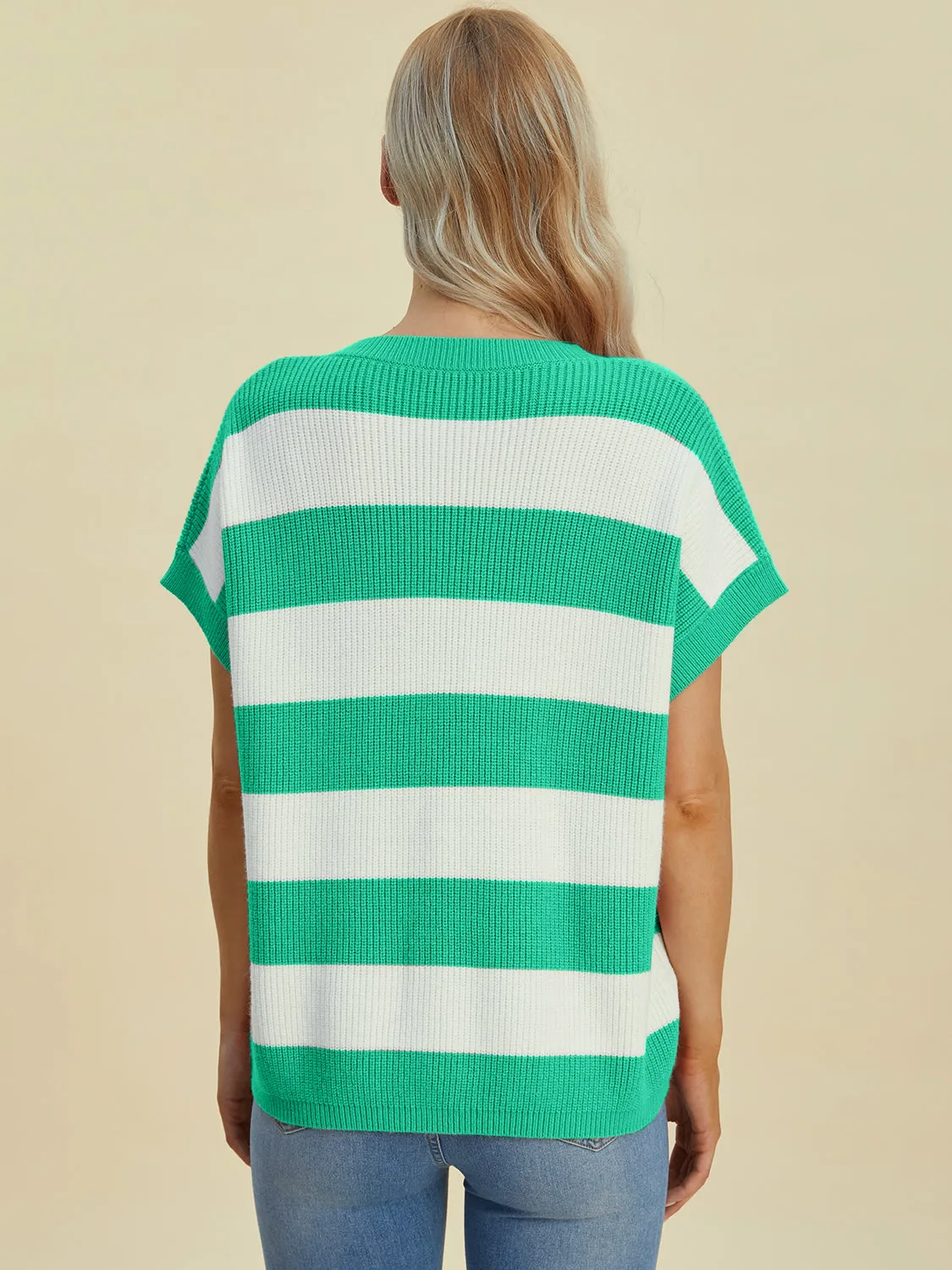 Hazel Blues® |  Double Take Striped V-Neck Short Sleeve Sweater