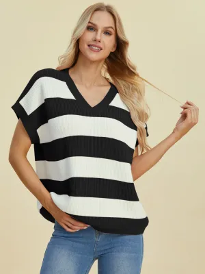 Hazel Blues® |  Double Take Striped V-Neck Short Sleeve Sweater