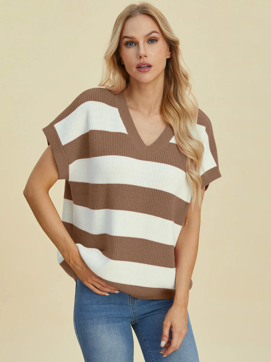 Hazel Blues® |  Double Take Striped V-Neck Short Sleeve Sweater