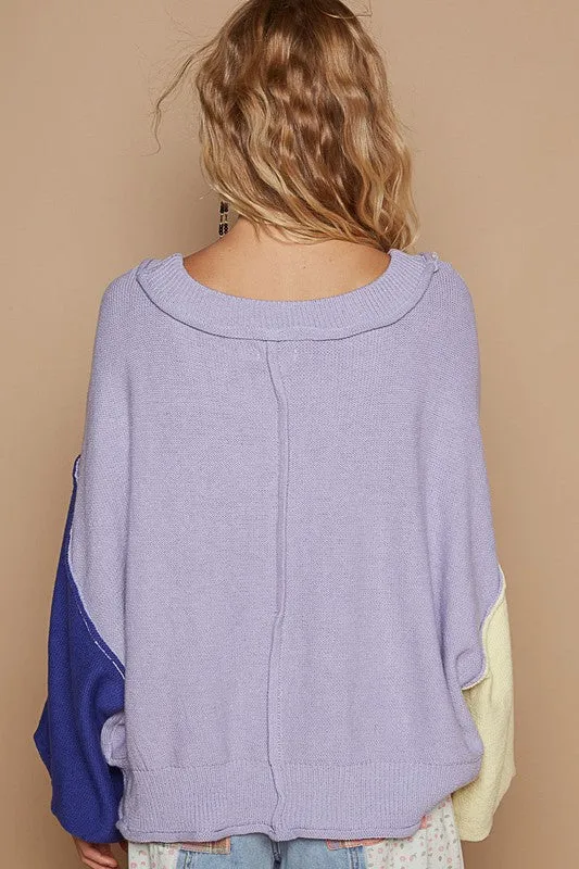 Hazel Blues® |  POL Exposed Seam Contrast V-Neck Lantern Sleeve Sweater