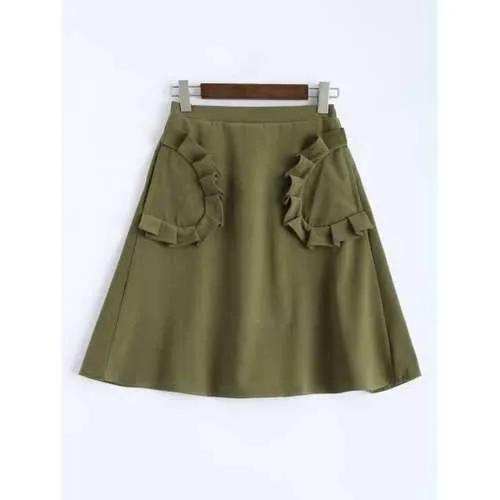 High Rise A Line Skirt with Pockets - Army Green Xs