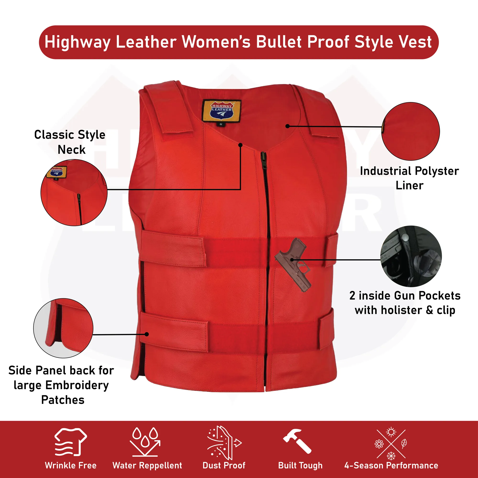 HL11643 RED Men Bullet Proof Style Leather Vest for Bikers Clubs