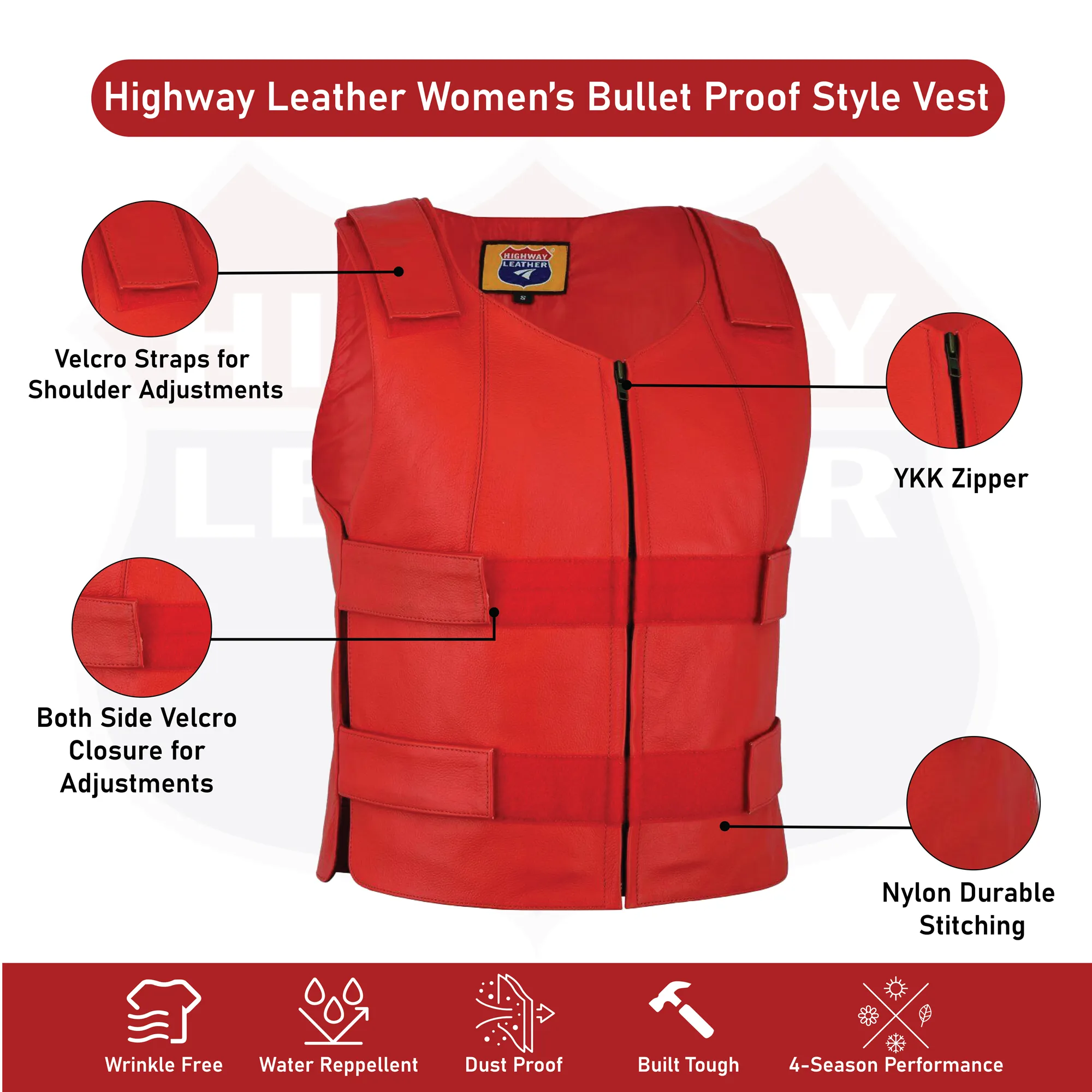 HL11643 RED Men Bullet Proof Style Leather Vest for Bikers Clubs