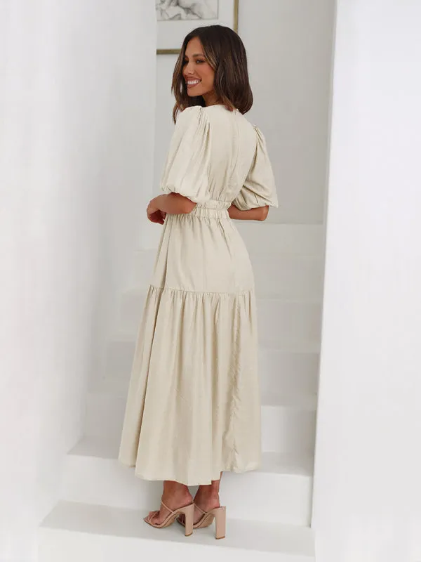 Holiday Vacation Style Deep V Puff Sleeve Maxi Midi Dress