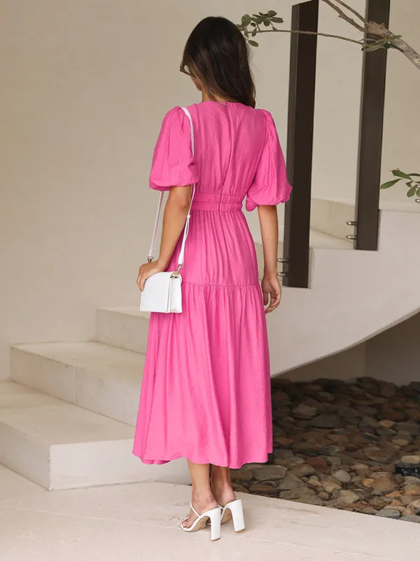 Holiday Vacation Style Deep V Puff Sleeve Maxi Midi Dress