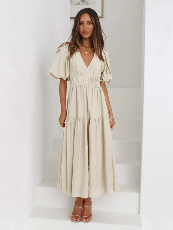 Holiday Vacation Style Deep V Puff Sleeve Maxi Midi Dress