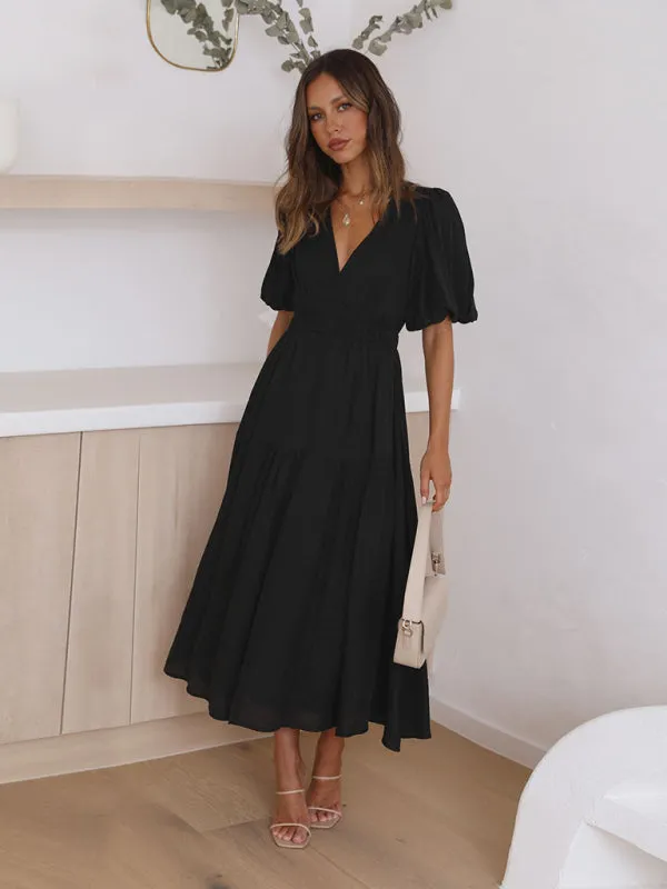 Holiday Vacation Style Deep V Puff Sleeve Maxi Midi Dress