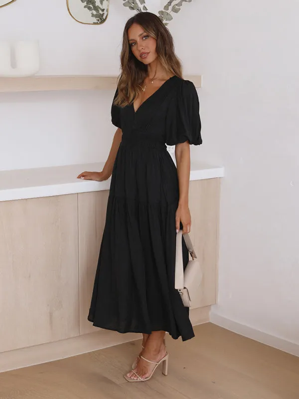 Holiday Vacation Style Deep V Puff Sleeve Maxi Midi Dress