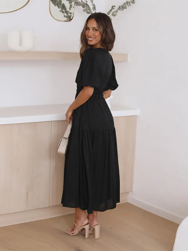 Holiday Vacation Style Deep V Puff Sleeve Maxi Midi Dress