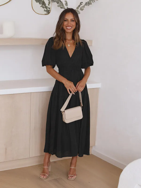 Holiday Vacation Style Deep V Puff Sleeve Maxi Midi Dress