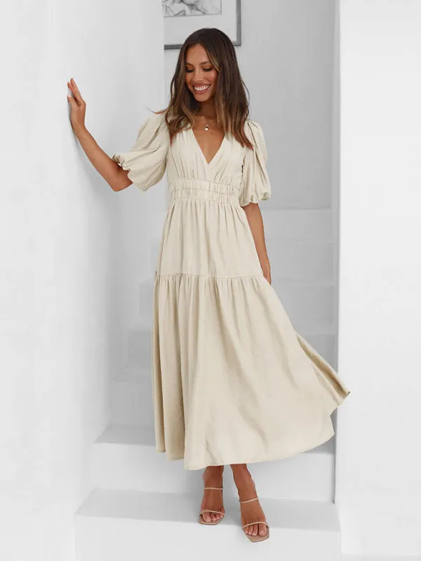 Holiday Vacation Style Deep V Puff Sleeve Maxi Midi Dress