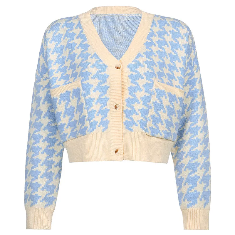 Houndstooth Knitted Cardigan V-neck Sweater