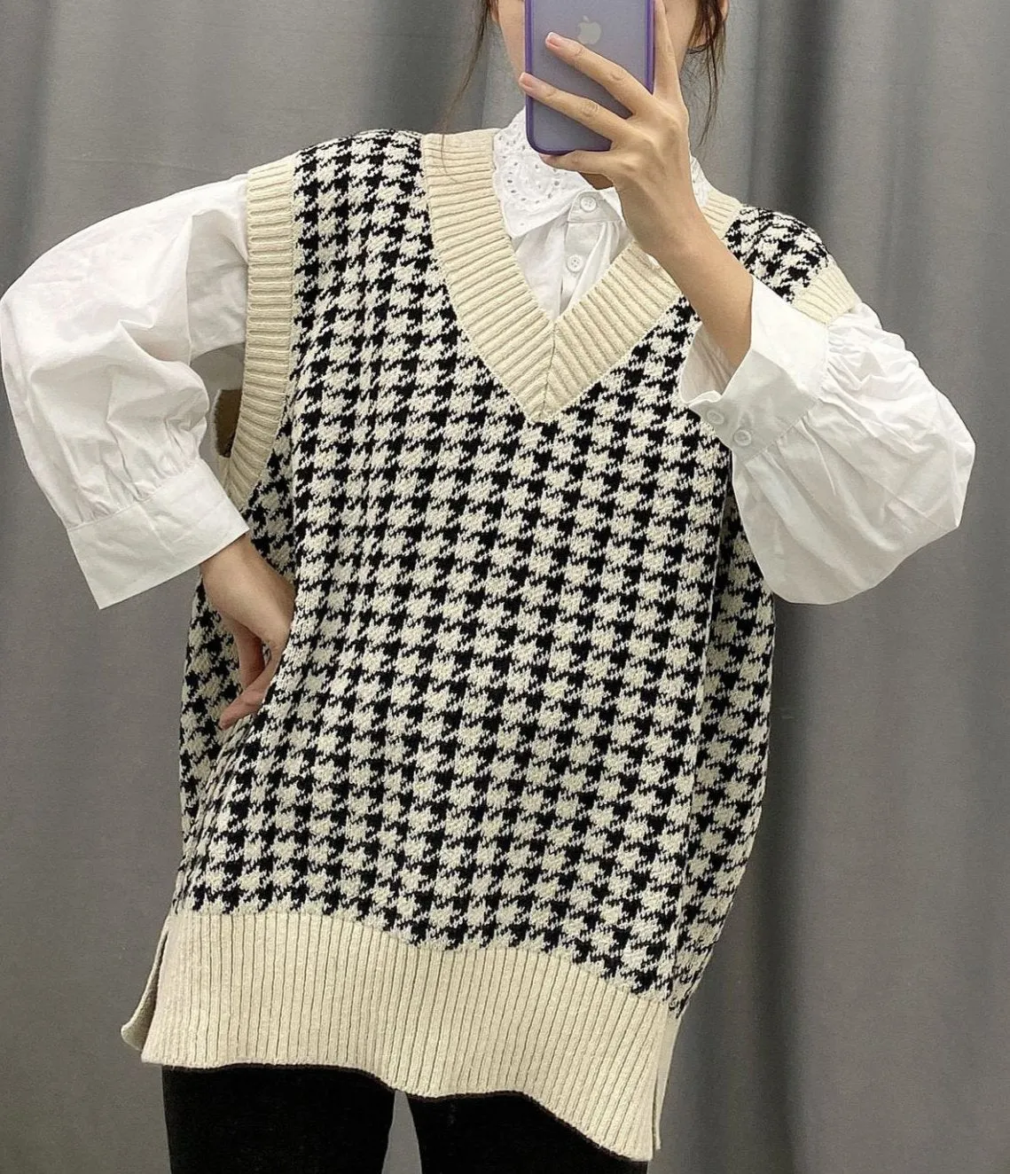 Houndstooth V-neck Knitted Vest Sweaters