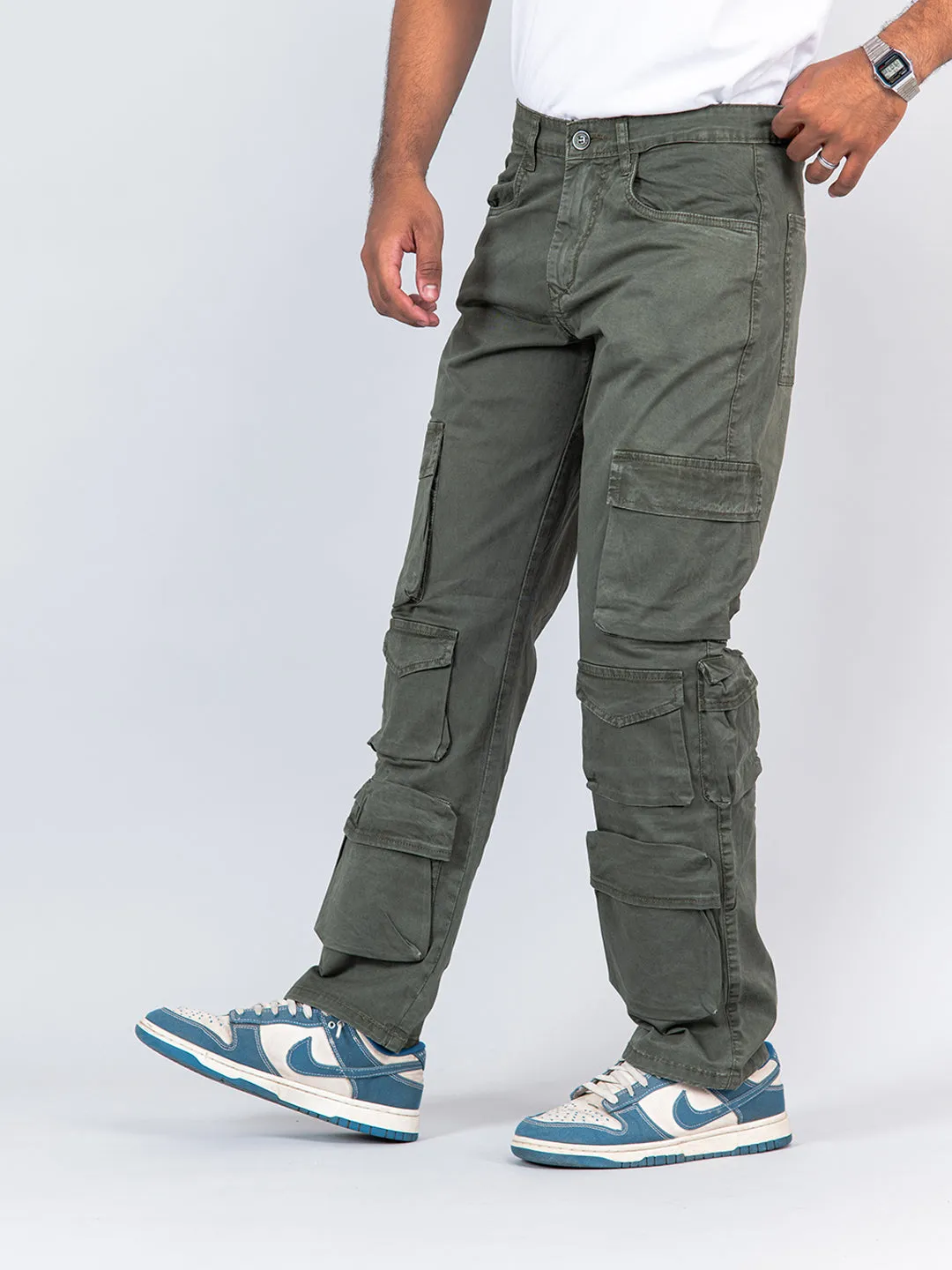 Hunter Green Flared Straight Fit Cargo Pants