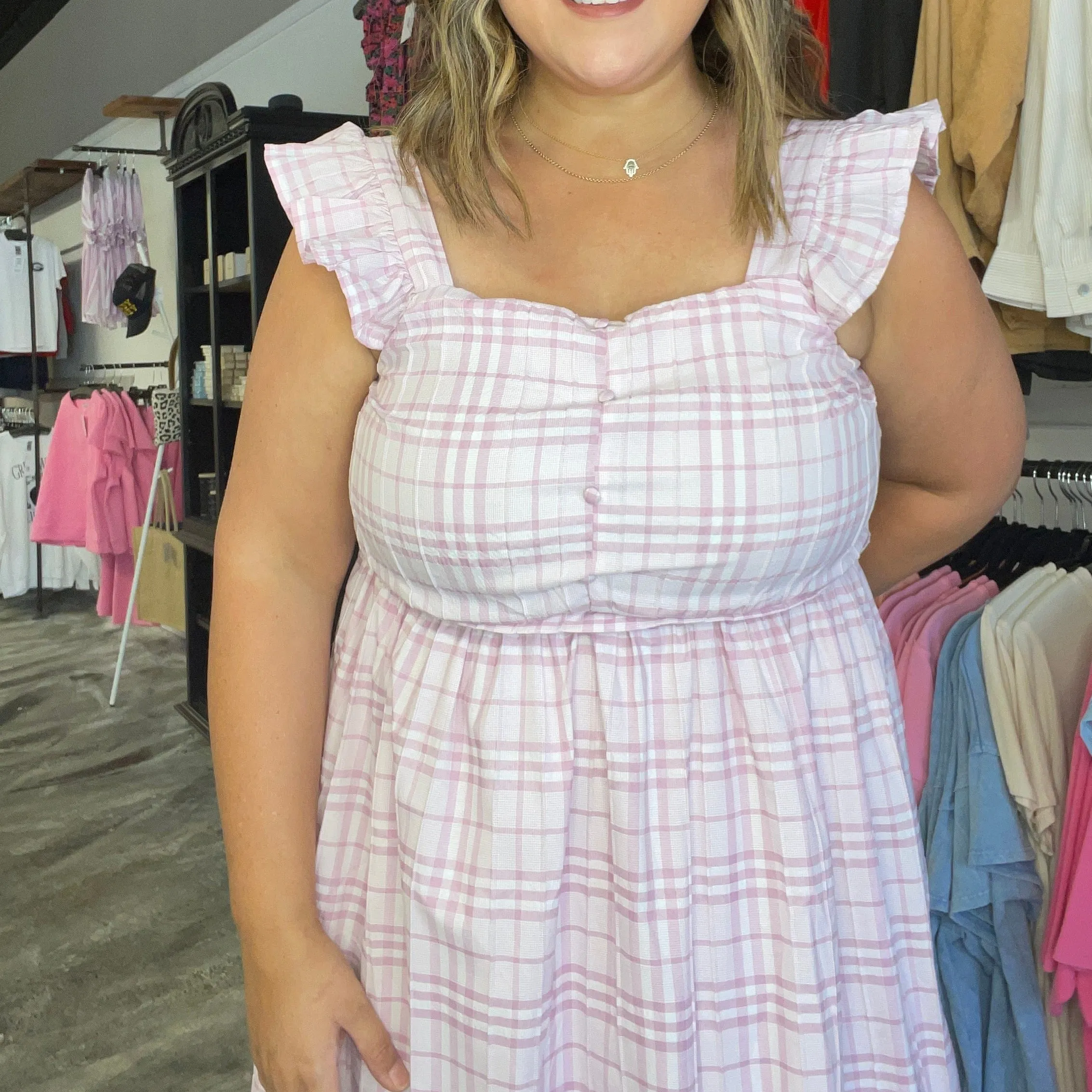 In First Place Pink Plaid Midi Dress