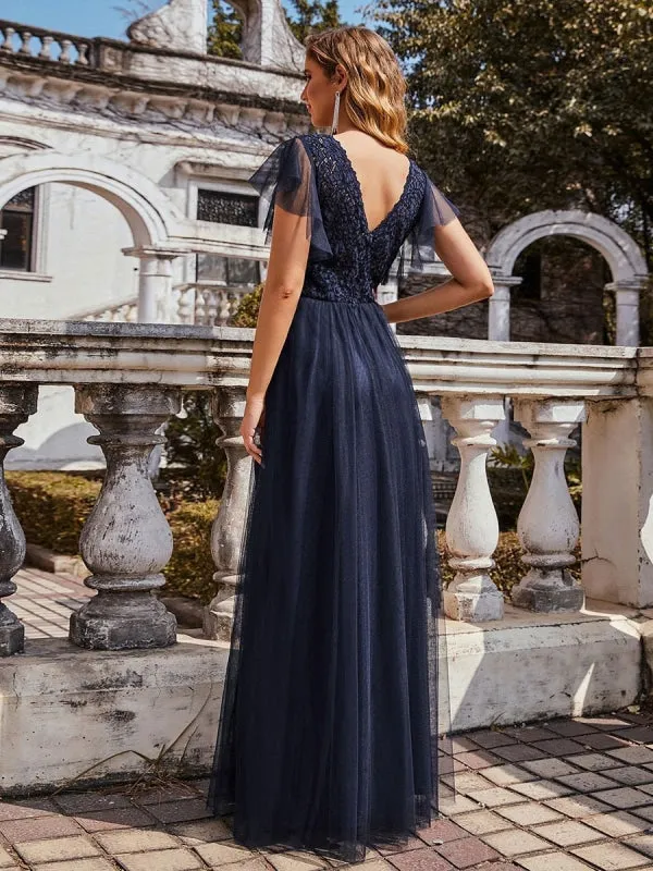 Ink Blue Prom Dress A-Line V-Neck Tulle Short Sleeves Backless Floor-Length Pageant Dresses