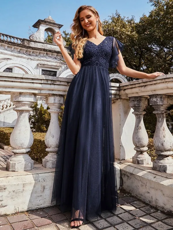 Ink Blue Prom Dress A-Line V-Neck Tulle Short Sleeves Backless Floor-Length Pageant Dresses