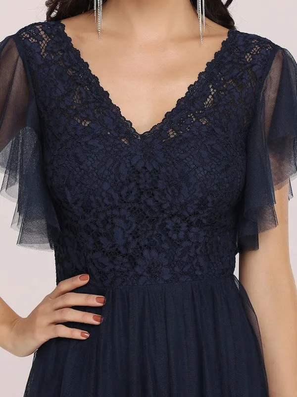 Ink Blue Prom Dress A-Line V-Neck Tulle Short Sleeves Backless Floor-Length Pageant Dresses