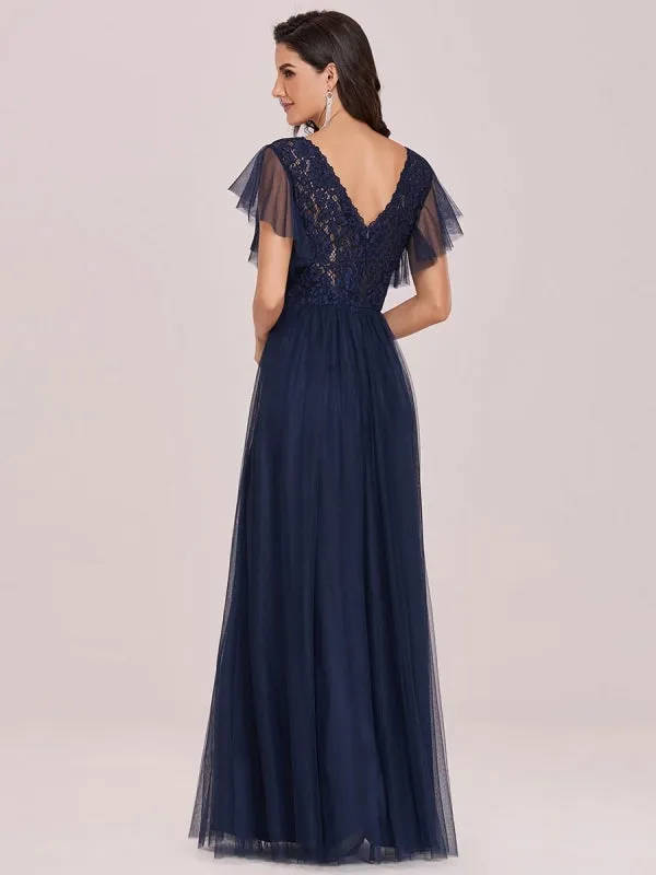 Ink Blue Prom Dress A-Line V-Neck Tulle Short Sleeves Backless Floor-Length Pageant Dresses