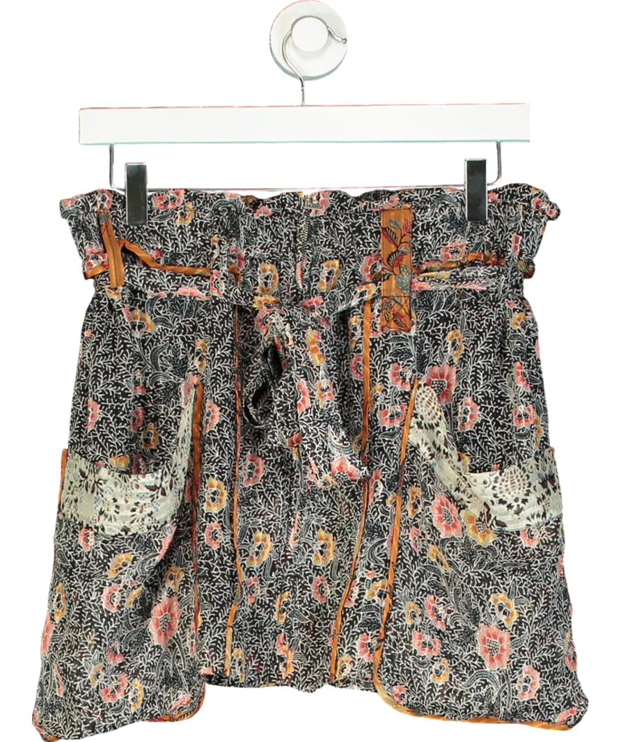 Isabel Marant Black Floral Print Silk Belted Mini Skirt UK 10