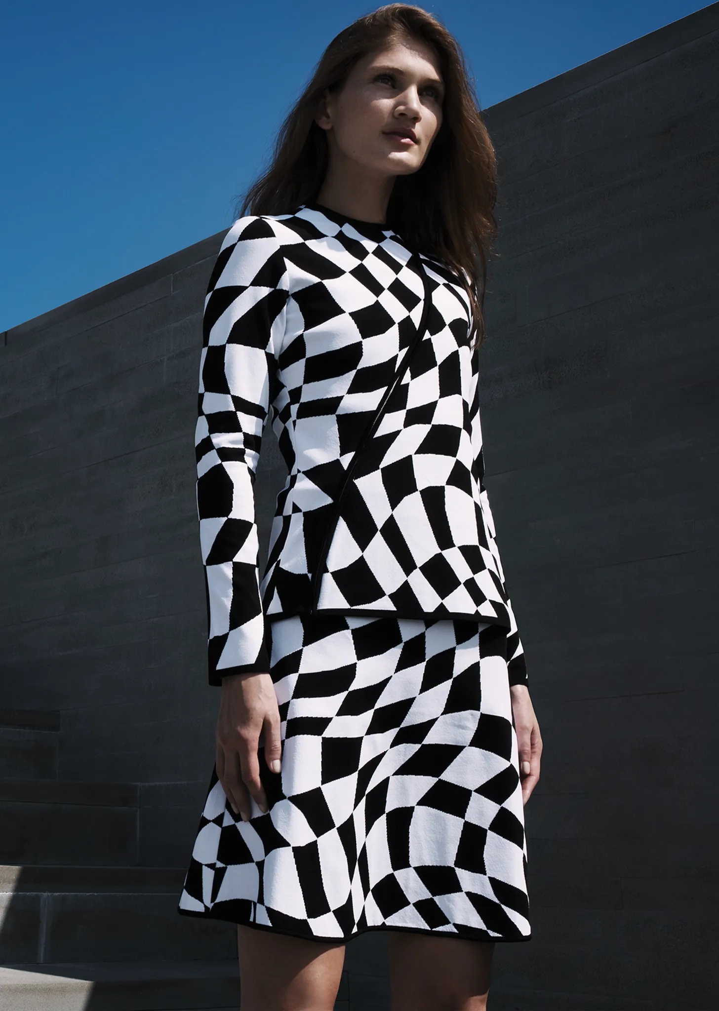 Jeannine - Knit, Black and White Wavy Checkered Flag Mini Skirt
