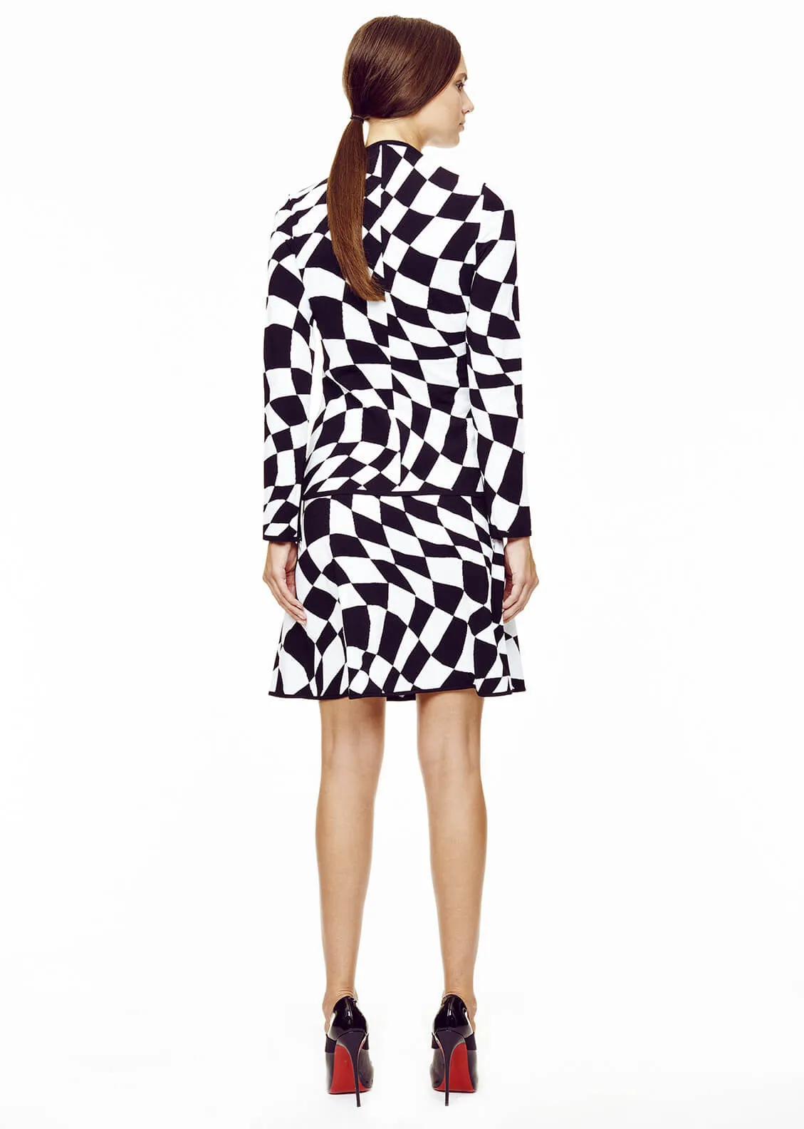 Jeannine - Knit, Black and White Wavy Checkered Flag Mini Skirt