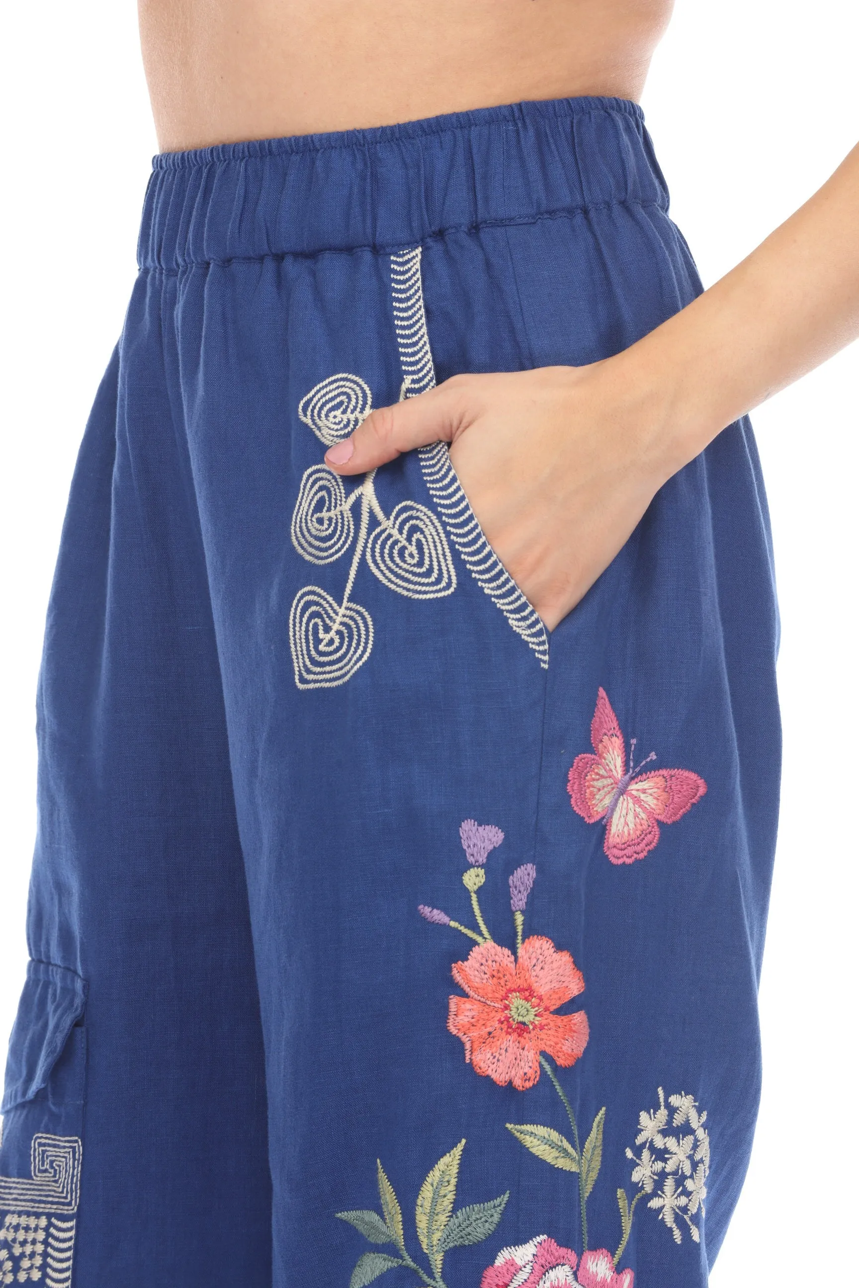 Johnny Was JWLA Blue Darcie Wide Leg Linen Cargo Pants Boho Chic J69924