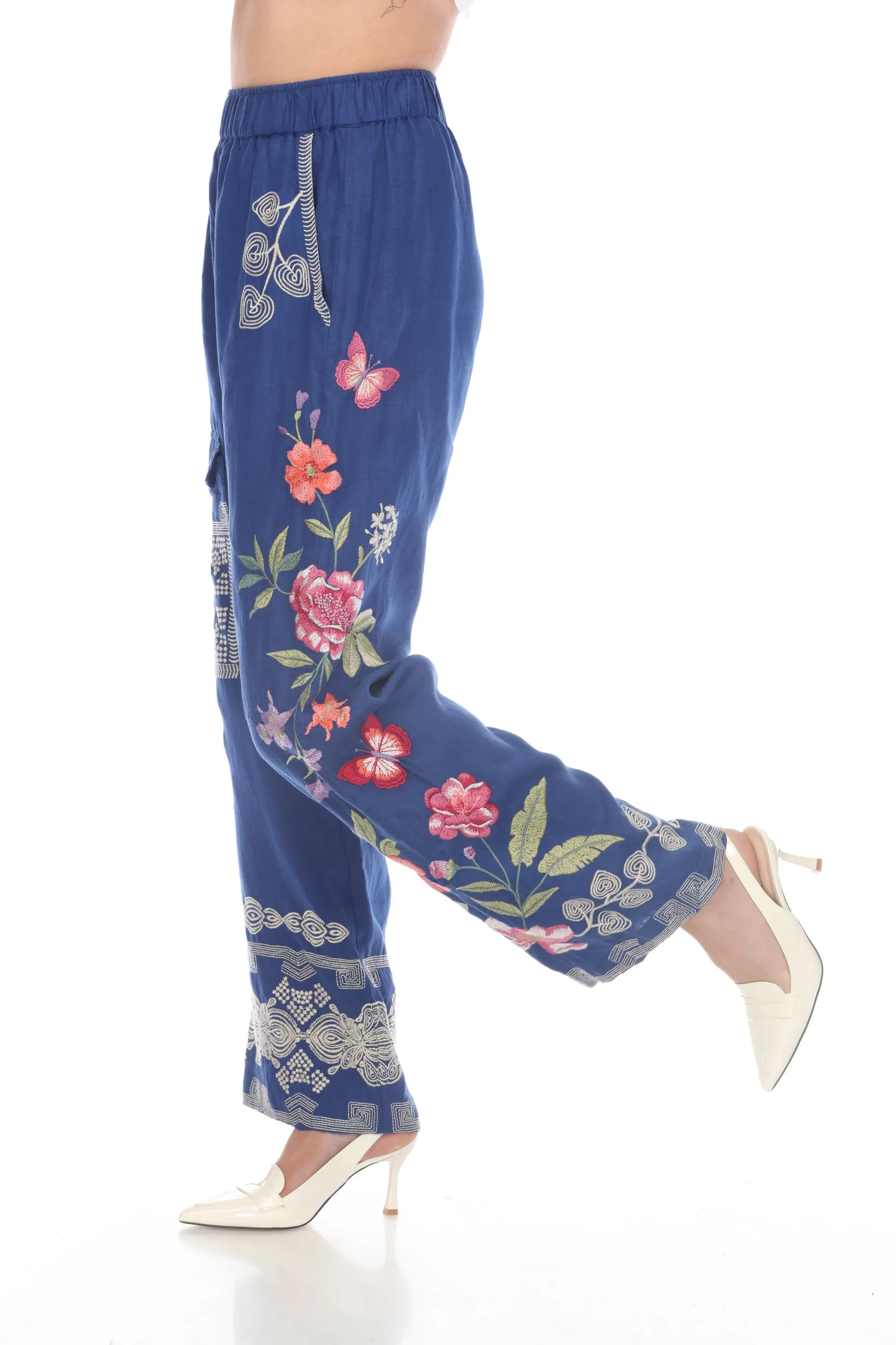 Johnny Was JWLA Blue Darcie Wide Leg Linen Cargo Pants Boho Chic J69924