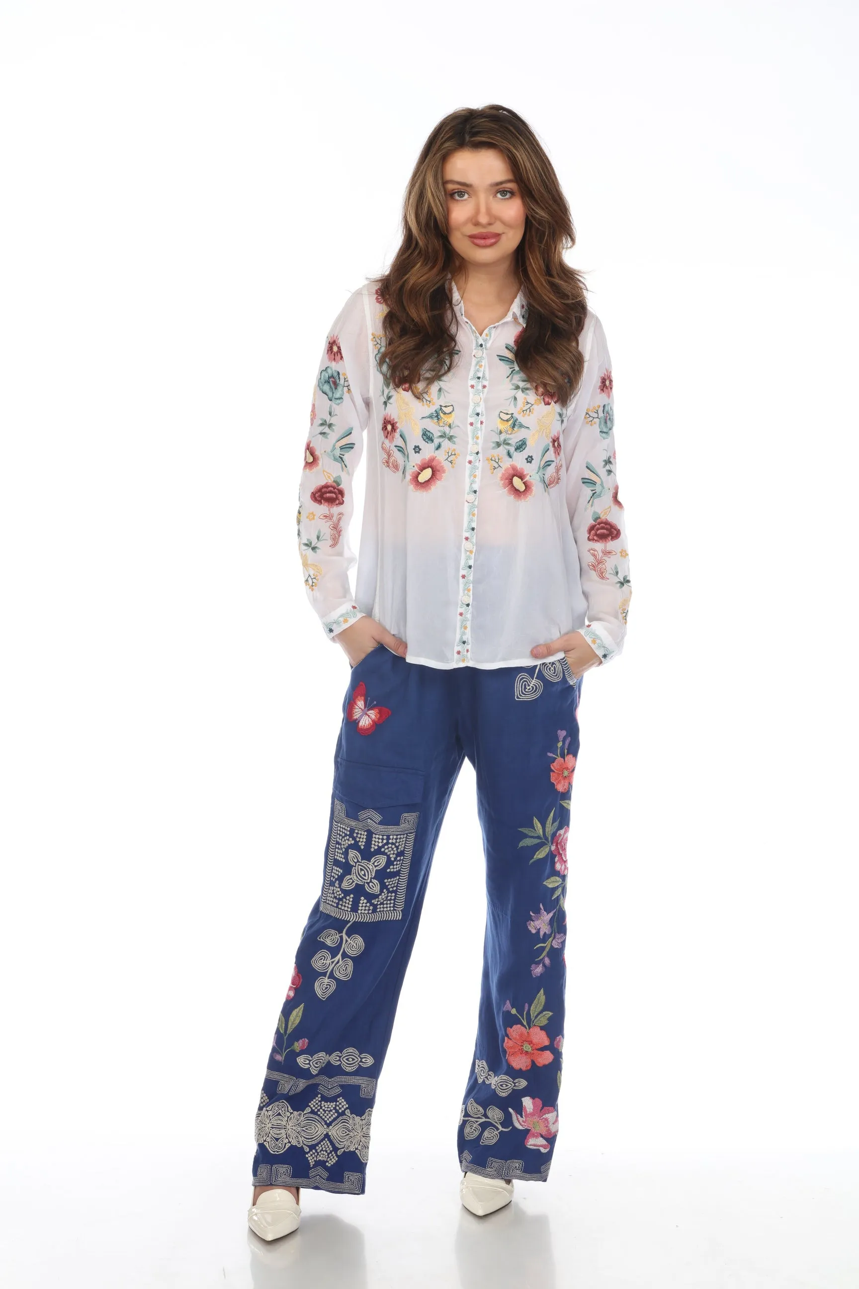 Johnny Was JWLA Blue Darcie Wide Leg Linen Cargo Pants Boho Chic J69924