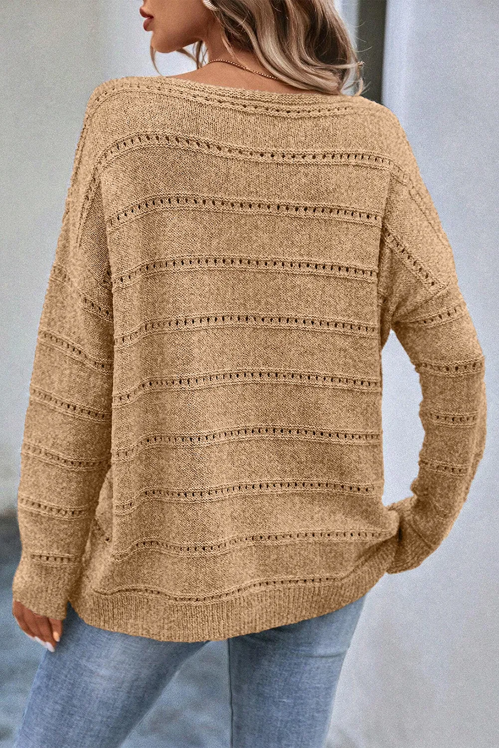 KaleaBoutique Boat Neck Drop Shoulder Pointelle Knit Sweater