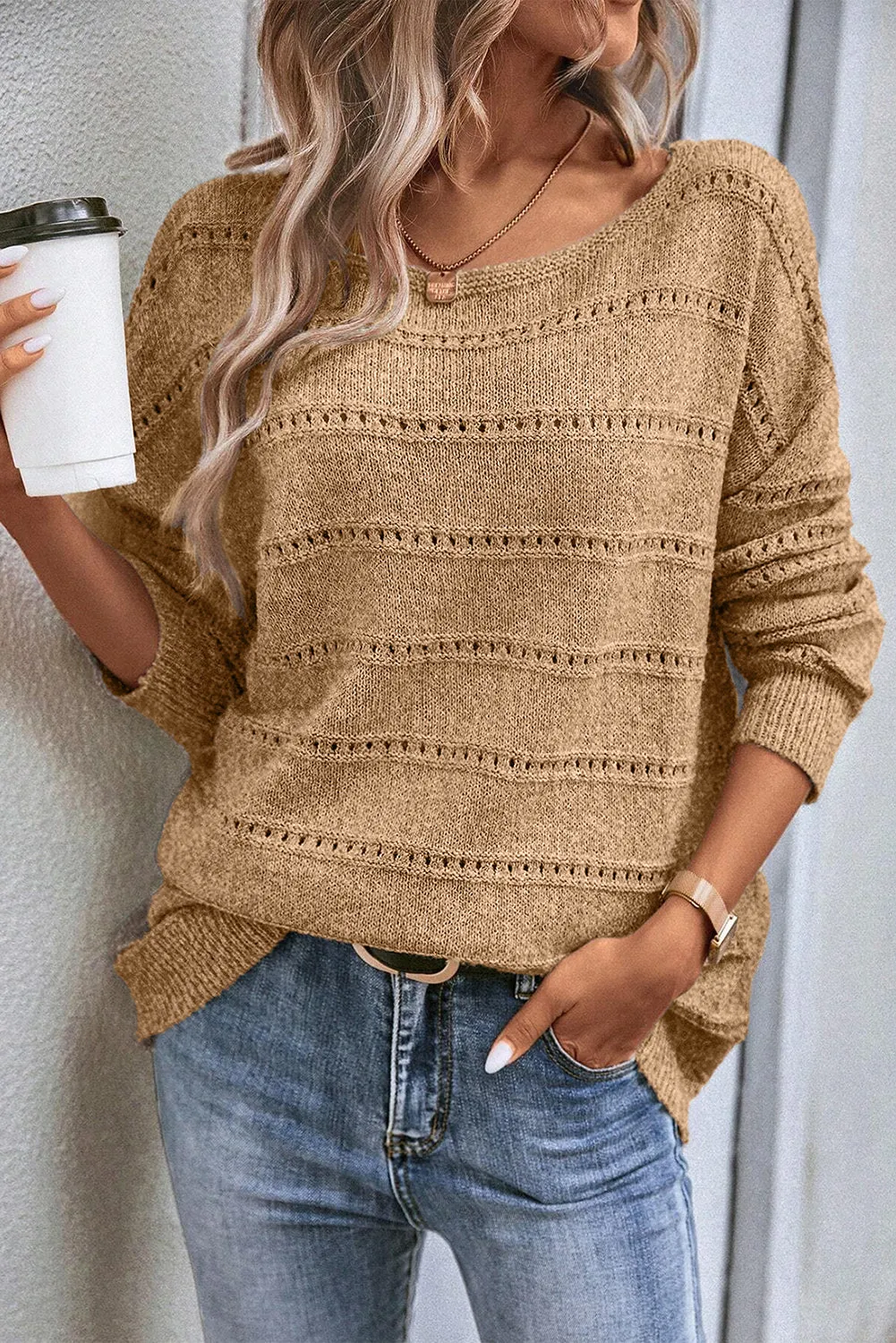 KaleaBoutique Boat Neck Drop Shoulder Pointelle Knit Sweater
