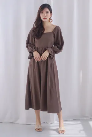 Karlina Puffy Sleeve Square Neckline Midi Dress In Brown