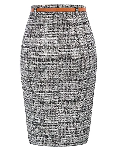 Kate Kasin Women's Knee Length Bodycon Tweed Pencil Skirt with Belt Hip-Wrapped Business Casual Split Skirts Black L