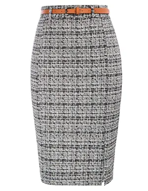 Kate Kasin Women's Knee Length Bodycon Tweed Pencil Skirt with Belt Hip-Wrapped Business Casual Split Skirts Black L